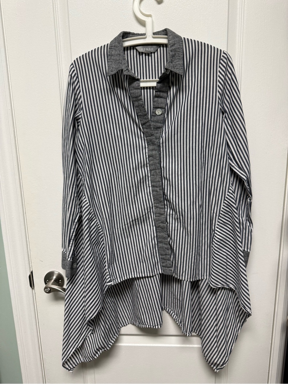 Kenar Black and White Striped High-Low Button Down Shirt